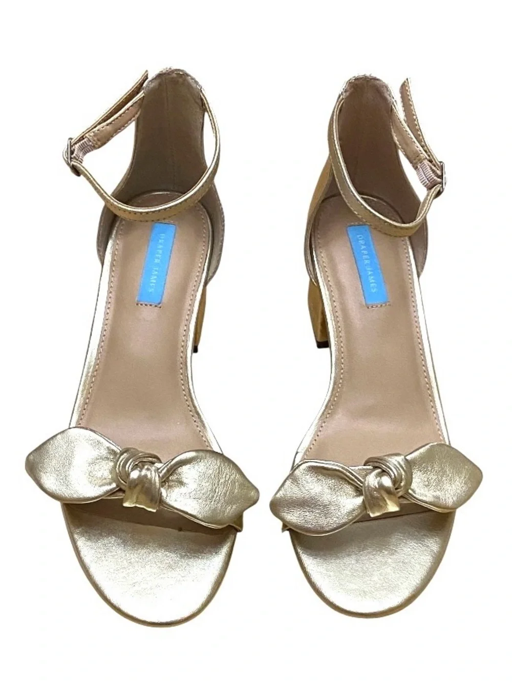 Draper James Gold Bow Block Heel Sandals Size 7 Wedding Guest Bridesmaid Shoes